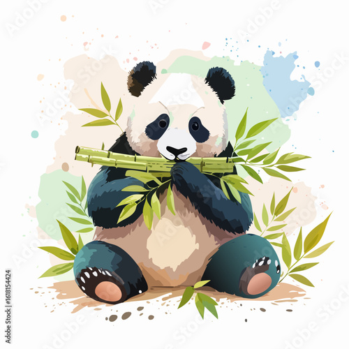 Adorable watercolor giant panda sitting and eating a fresh green bamboo stalk.