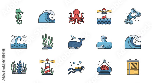 Collection of Aquatic and Marine Life Icons Seahorses, Whales, Octopuses, Lighthouses, and Ocean Waves