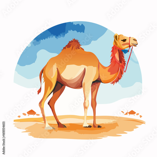 Stylized illustration of a standing dromedary camel with a shaggy hump and red bridle.