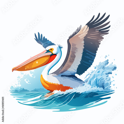 Stylized illustration of a colorful pelican with spread wings taking off from blue water, creating a splash.