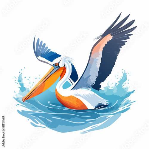 Stylized pelican with spread wings and a large orange beak, splashing dynamically in blue water.