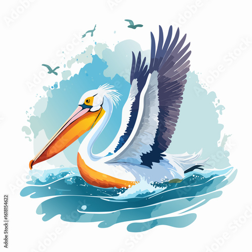Dynamic illustration of a great white pelican with spread wings and a large orange beak, landing on blue ocean waves.