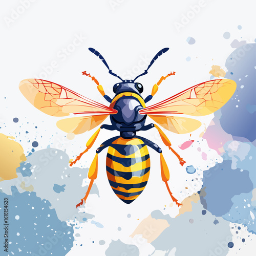 Vibrant wasp illustration with glossy black and yellow stripes and detailed translucent wings.