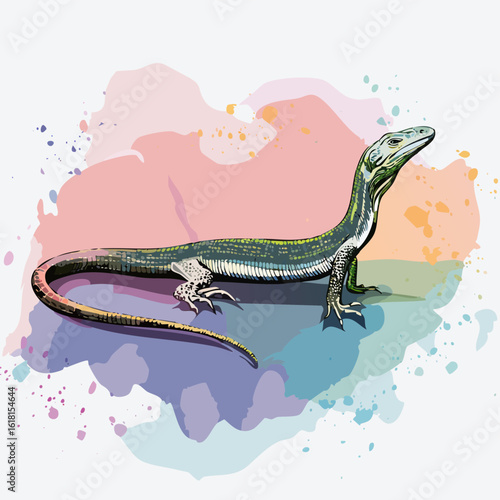 Elegant green monitor lizard with a long neck and tail, illustrated in a graphic vector style.