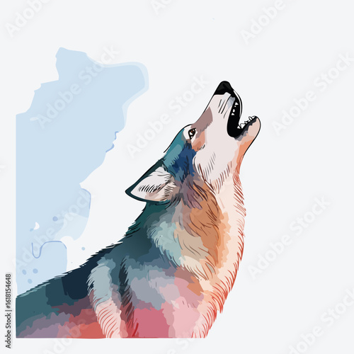 Colorful howling wolf in an artistic watercolor style with vibrant blue, orange, and red fur.