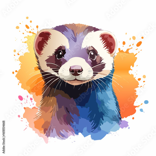Vibrant watercolor portrait of a cute ferret with colorful blue and orange fur and expressive eyes.