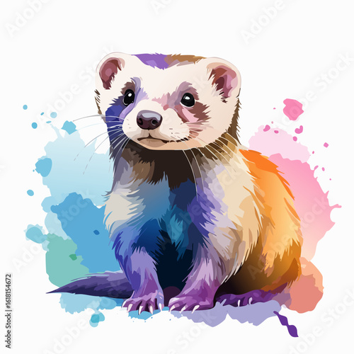 Adorable sitting ferret painted in a vibrant, multicolored watercolor style with expressive eyes.