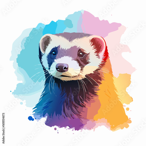 Artistic ferret portrait with vibrant watercolor splashes of blue, pink, and yellow.