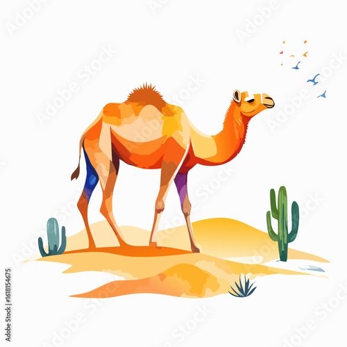 A stylized dromedary camel with vibrant orange, yellow, and blue geometric color blocking.