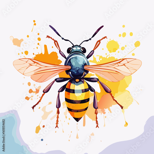 Stylized watercolor bee with a blue head, striped yellow abdomen, and translucent wings.