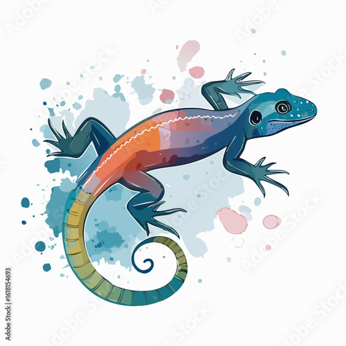 Vibrant watercolor lizard illustration with a blue body, orange back, and a long curled tail.