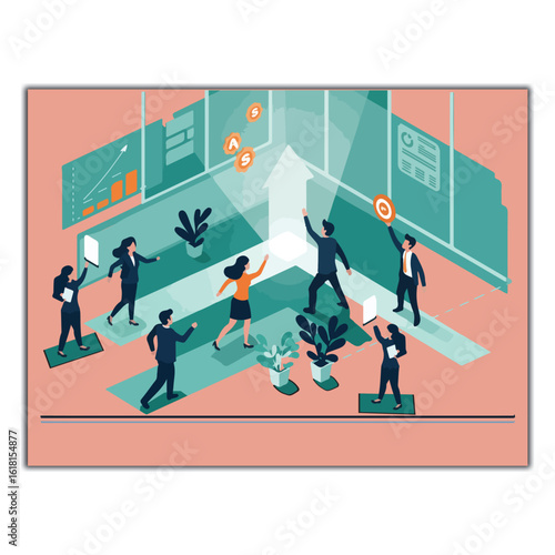 Dynamic business teams are playing a competitive foosball game on a green field, illustrating their collaborative drive for success