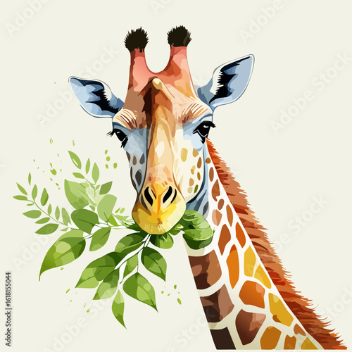 Charming watercolor illustration of a giraffe's head eating a leafy green branch.