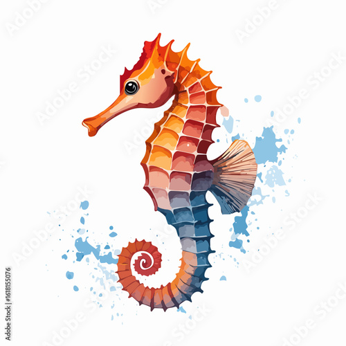 Vibrant watercolor seahorse with a red-to-blue gradient body and spiny texture.