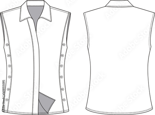 Sleeveless Shirt CAD Drawing, Flat Vector Illustration, Fashion Technical Sketch Template, Apparel Design, Sewing Pattern, Clothing Flat Sketch