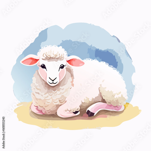 Adorable cartoon lamb with fluffy white wool and pink ears resting peacefully.