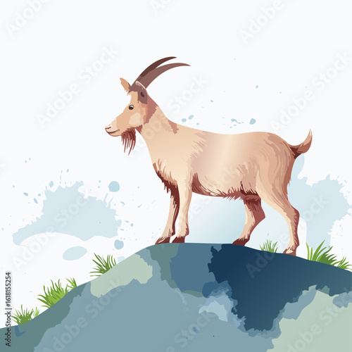 Stylized beige goat with curved horns and a goatee, standing proudly in profile. A modern vector illustration.