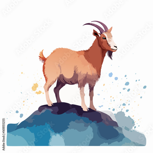 Proud brown mountain goat with curved horns and a white face, standing on a blue rock in a watercolor style.