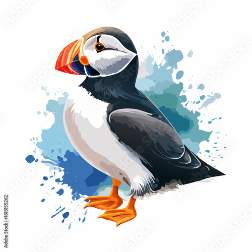 Artistic Atlantic puffin illustration with a vibrant, colorful beak and black and white plumage.