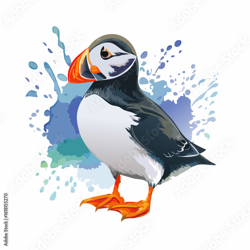 Stylized Atlantic Puffin illustration with a vibrant orange beak and webbed feet.