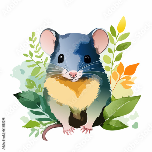 Adorable watercolor illustration of a blue-grey mouse with a fluffy yellow chest and large ears.
