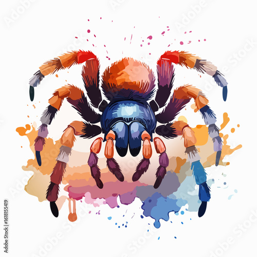 Colorful hairy tarantula spider illustration in a vibrant watercolor splash art style.