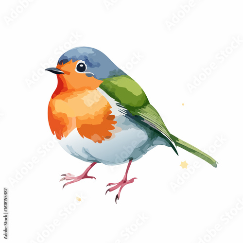 A charming stylized bird with a plump body, orange breast, blue head, and green wings.