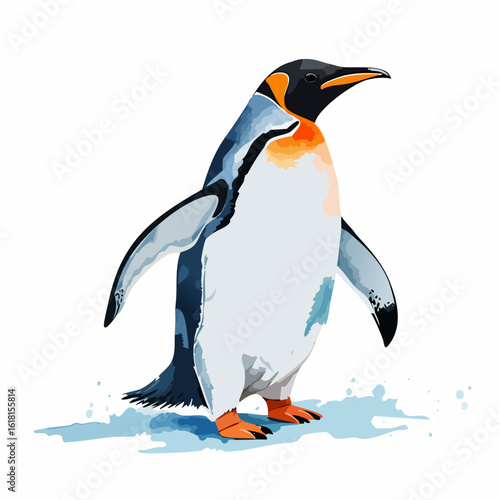 Colorful King Penguin illustration with bright orange plumage, standing in a stylized vector art style.