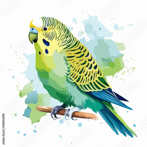 Green and yellow budgerigar parakeet with blue cheek patches perched on a branch, watercolor illustration.
