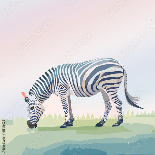 Stylized zebra with blue-toned stripes and orange ears grazing peacefully in a vector illustration.