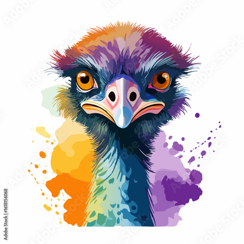 Vibrant watercolor portrait of an emu with colorful, shaggy feathers and an intense, direct gaze.