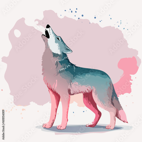 A beautiful howling wolf illustrated in a stylized watercolor design with pink and blue fur.