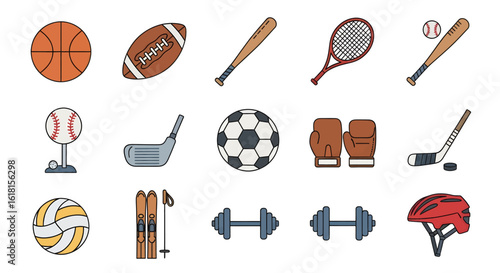 A diverse collection of colorful sports equipment icons. Flat line art illustrations for various team games, recreation, and fitness activities.