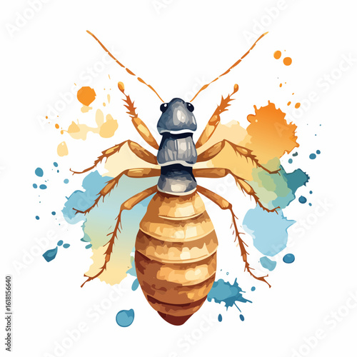 Stylized watercolor termite with a metallic blue-grey head and a golden-brown segmented abdomen.