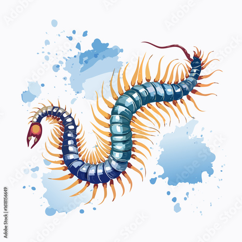 Stylized blue metallic centipede with orange legs in a dynamic, curved pose.