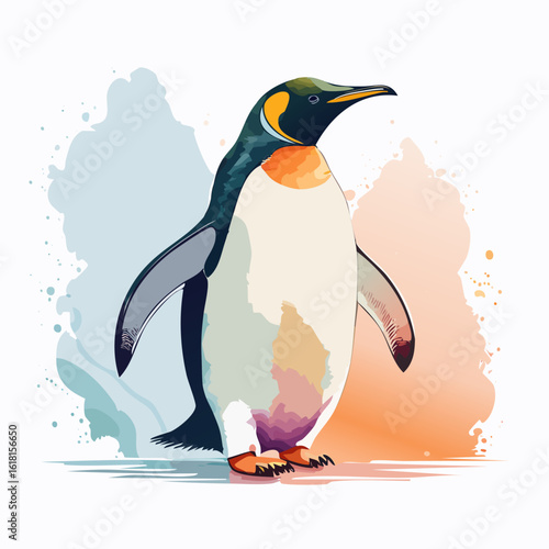 Elegant King Penguin illustration in a modern watercolor style. A standing bird with vibrant orange and yellow markings.