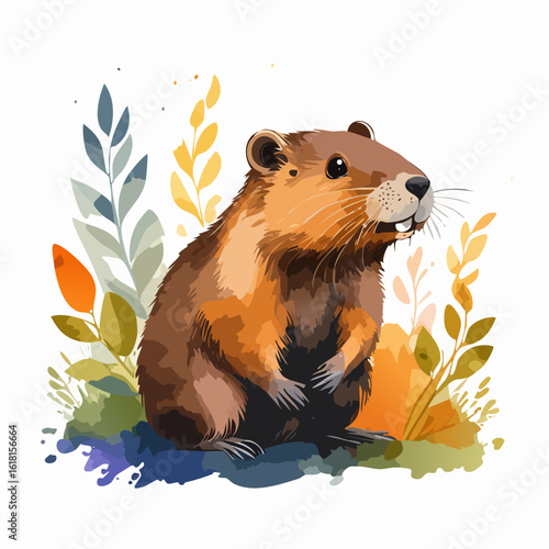 Cute brown groundhog with buck teeth, illustrated in a vibrant watercolor style with colorful foliage.