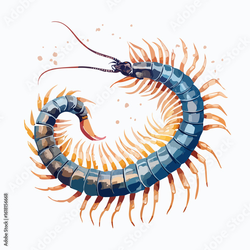 Artistic watercolor centipede with a shiny blue exoskeleton and orange legs, curled in a circular pose.