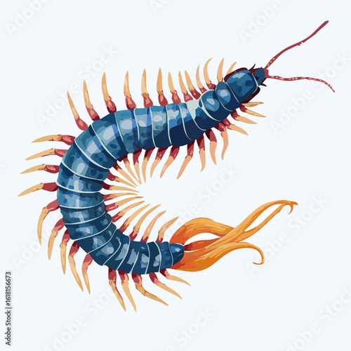 Stylized blue centipede with a segmented body, orange legs, and flowing tail appendages.