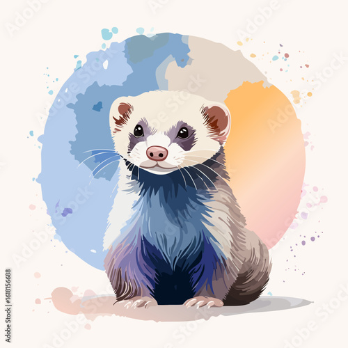 A charming watercolor illustration of a cute ferret with fluffy, multi-colored fur, sitting attentively.