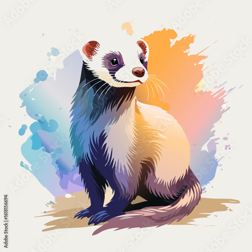 Charming ferret with colorful blue and cream fur, sitting and looking over its shoulder in a stylized illustration.