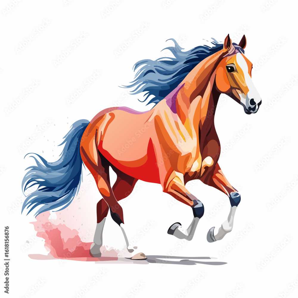 Obraz premium Dynamic illustration of a running chestnut horse with a striking blue mane and tail.