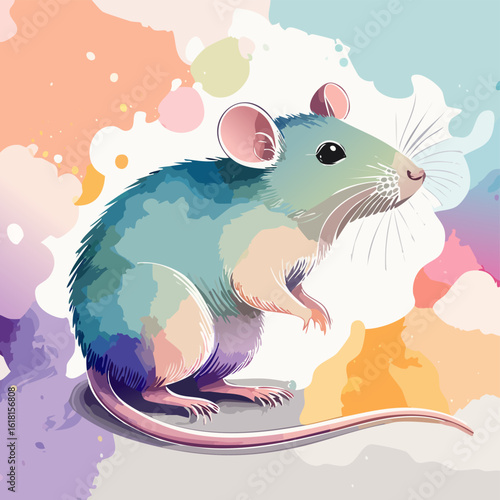 Colorful watercolor rat illustration with blue and pink fur, sitting in a cute pose.