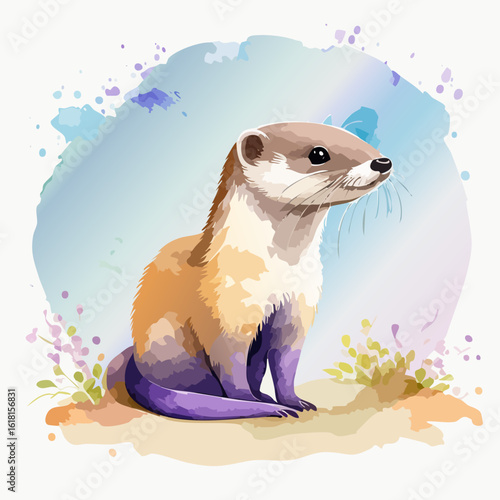 Cute watercolor weasel with brown and purple fur, sitting attentively in a stylized illustration.