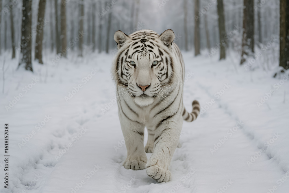 Fototapeta premium Majestic white tiger walking through snowy forest landscape
