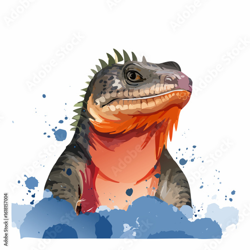 Majestic iguana portrait with a spiky crest and vibrant orange dewlap in a watercolor style.