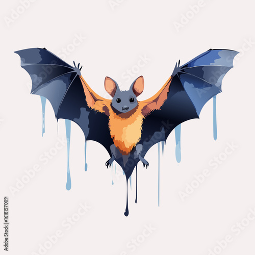 Stylized flying bat with an orange furry body and large blue wings with a dripping effect.