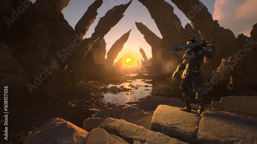 A game character with a sharp sword stands in a mystical epic location on the sunset. 3D render