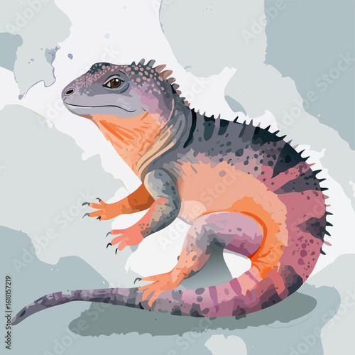 Vibrant watercolor style illustration of a spiky iguana with purple and orange scales.