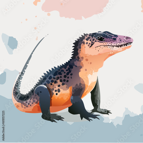 Alert prehistoric reptile illustration with spotted orange and blue skin, a spiky crest, and sharp teeth.